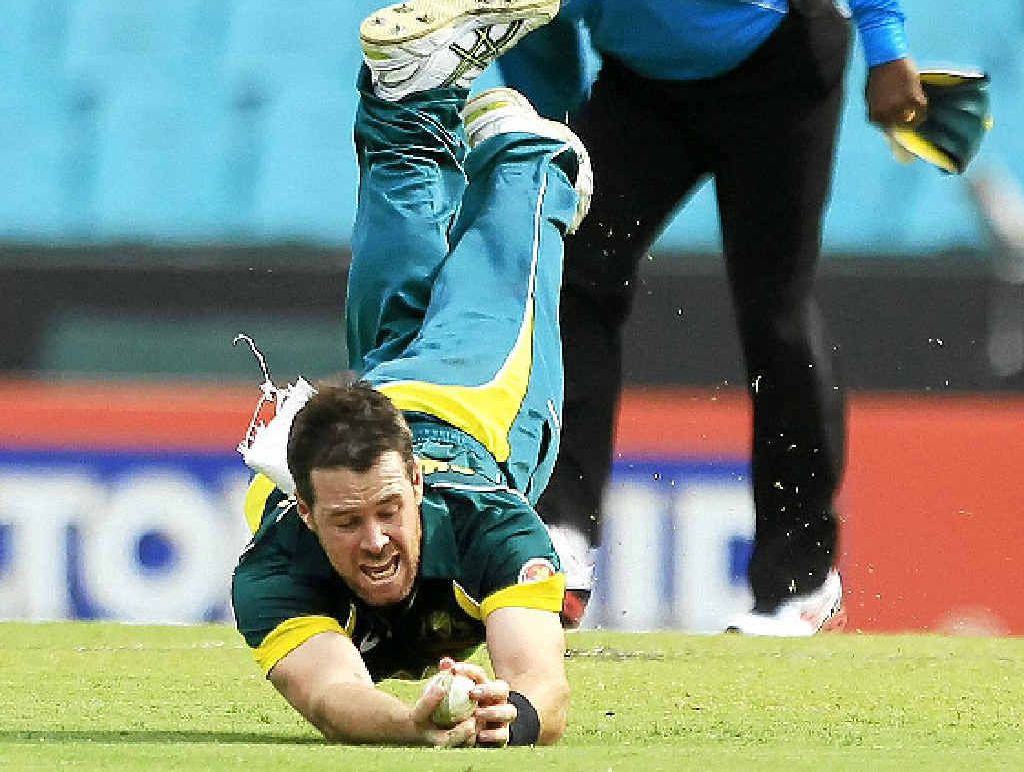 HOWZAT? Dan Christian dives forward to take a spectacular catch off his own bowling to dismiss England’s Eion Morgan in yesterday’s limited-overs encounter. HOWZAT? Dan Christian dives forward to take a spectacular catch off his own bowling to dismiss England’s Eion Morgan in yesterday’s limited-overs encounter.